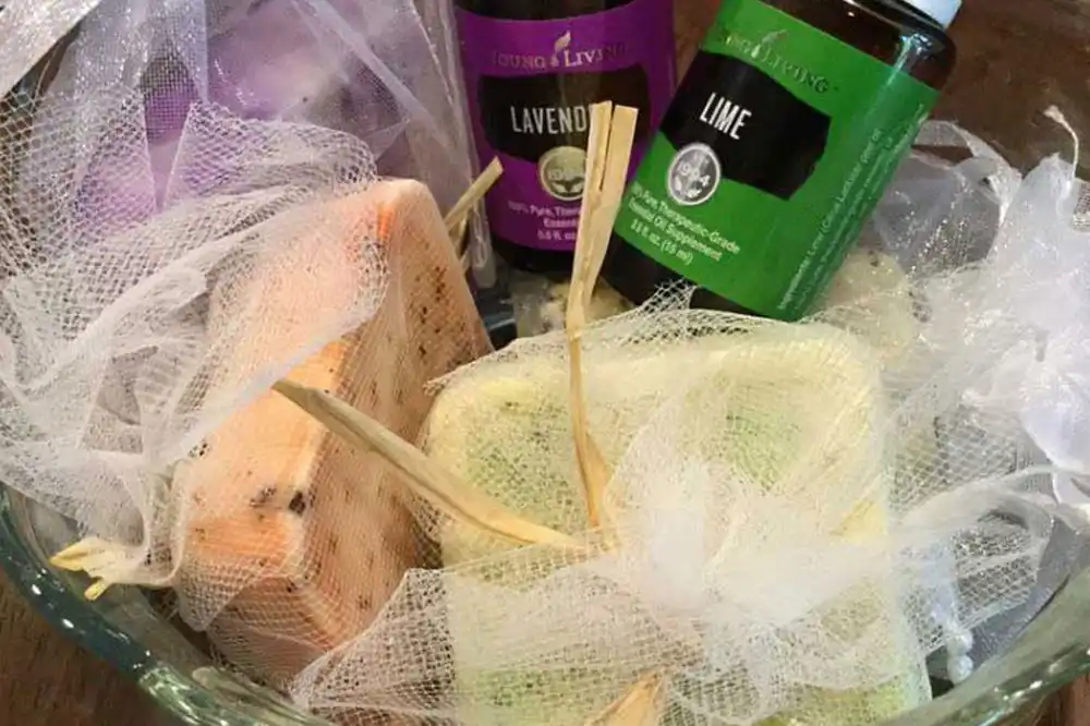 Collage of nice smelling products wrapped in thin mesh like a gift basket