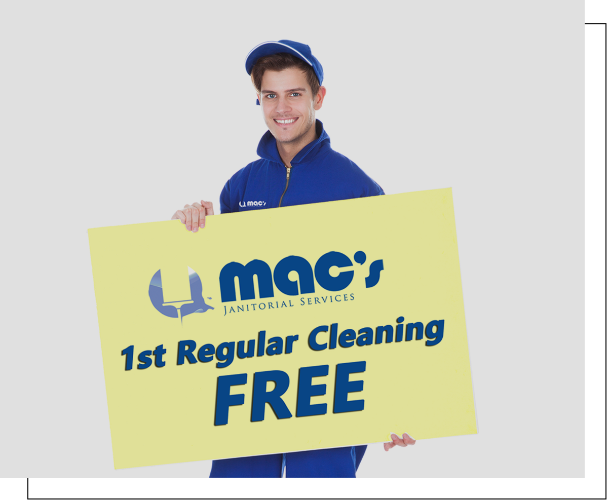 Mac's employee holding sign with 1st regular cleaning free