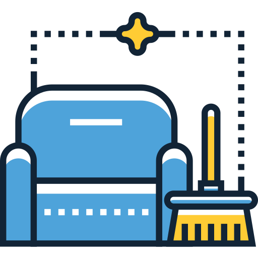Case studies icon with couch and broom