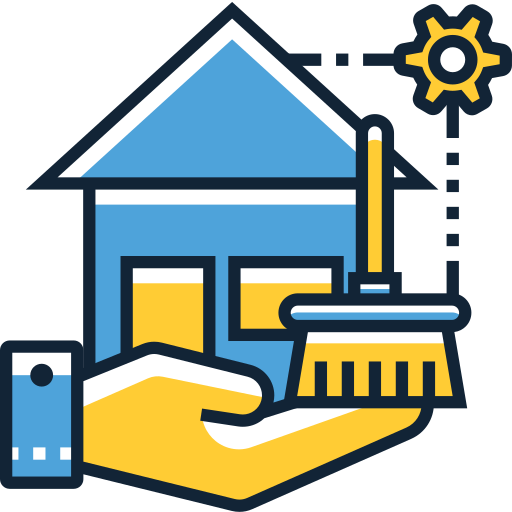 Case studies icon with house and broom