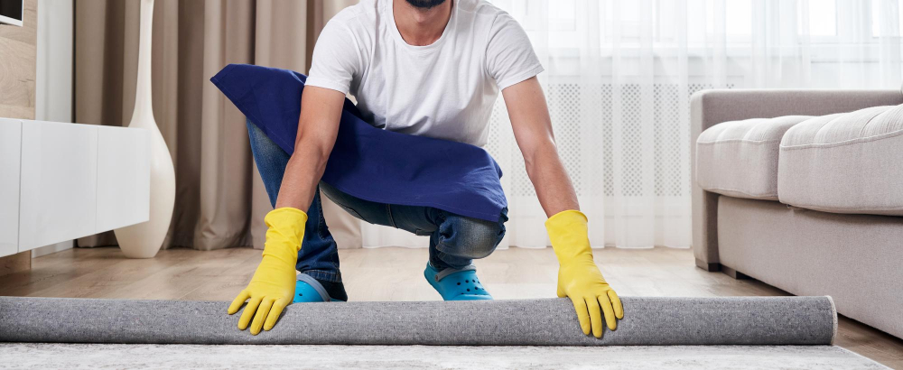 Janitor unrolling carpet and cleaning floor space