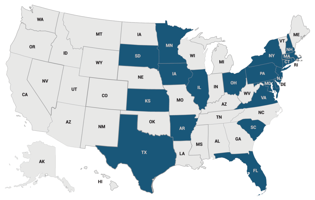 United States map showing service areas for Mac's Janitorial services