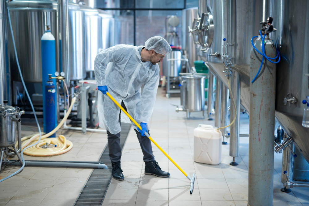 professional industrial cleaner protective uniform cleaning floor food processing plant