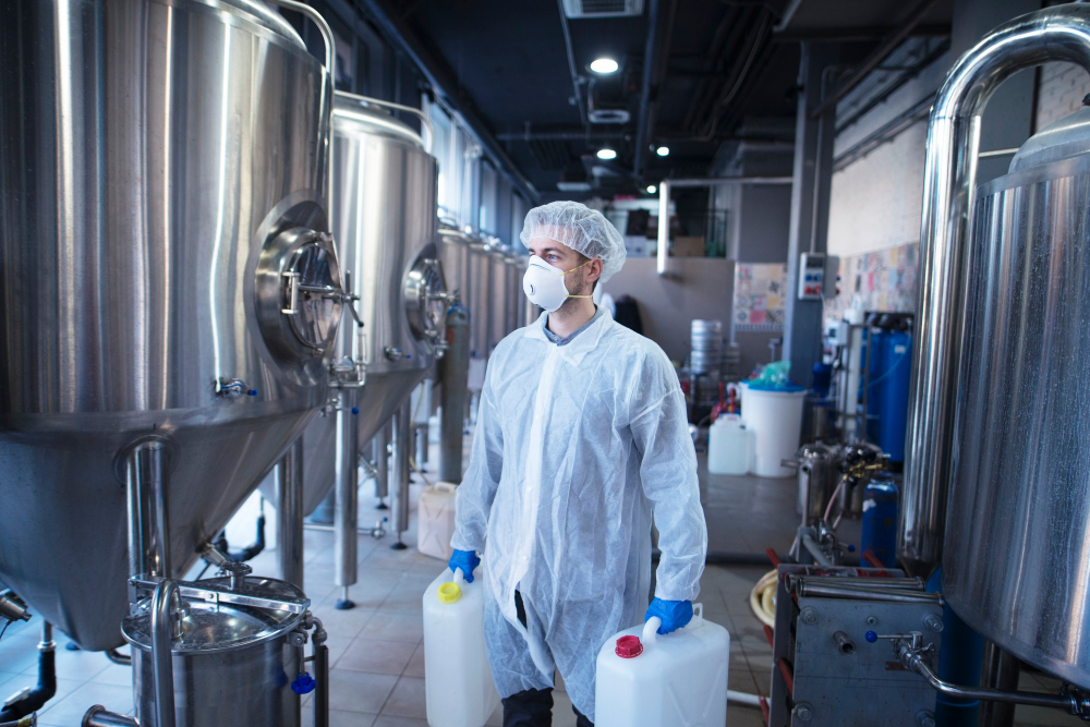 technologist industrial worker holding plastic canisters about change chemicals food processing machine 1