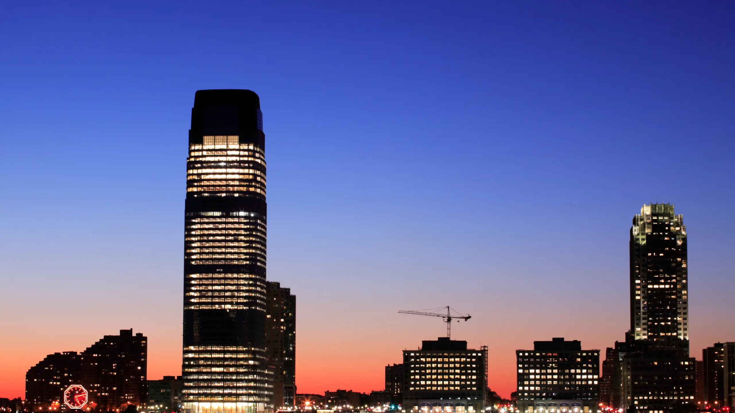 Jersey City, NJ skyline at dusk