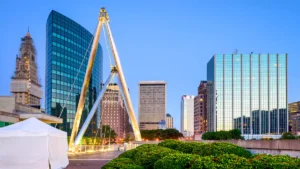 Skyline of office buildings and park in Hartford, CT