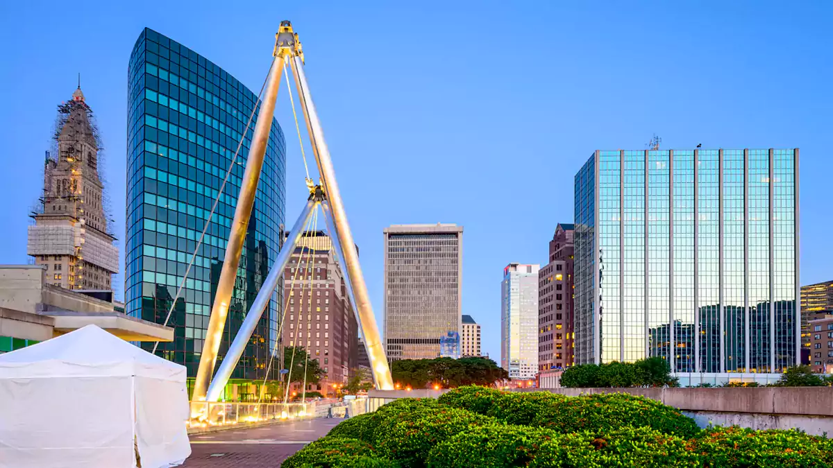 Skyline of office buildings and park in Hartford, CT