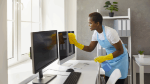 Cleaning Service cleaning office with woman wiping flat screen computer monitors