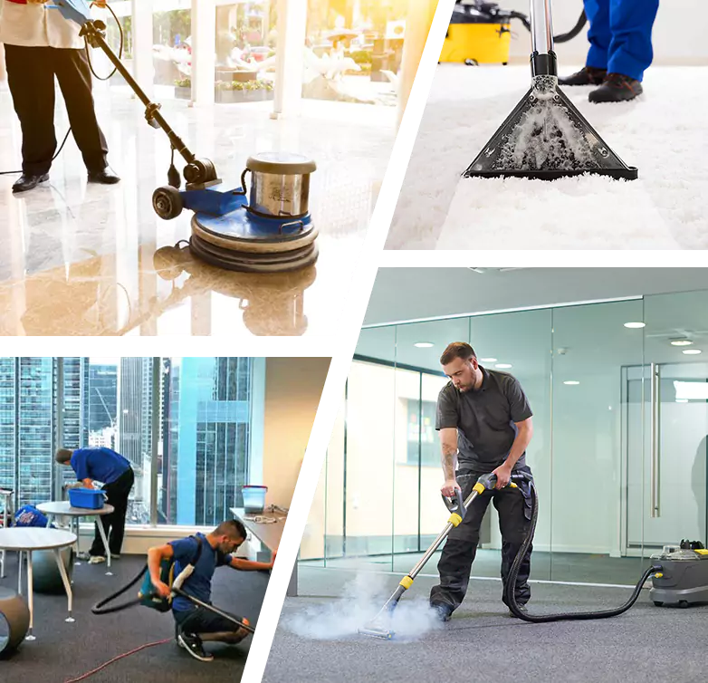 Four paned panel of commercial cleaning with employee steam cleaning floors and carpets