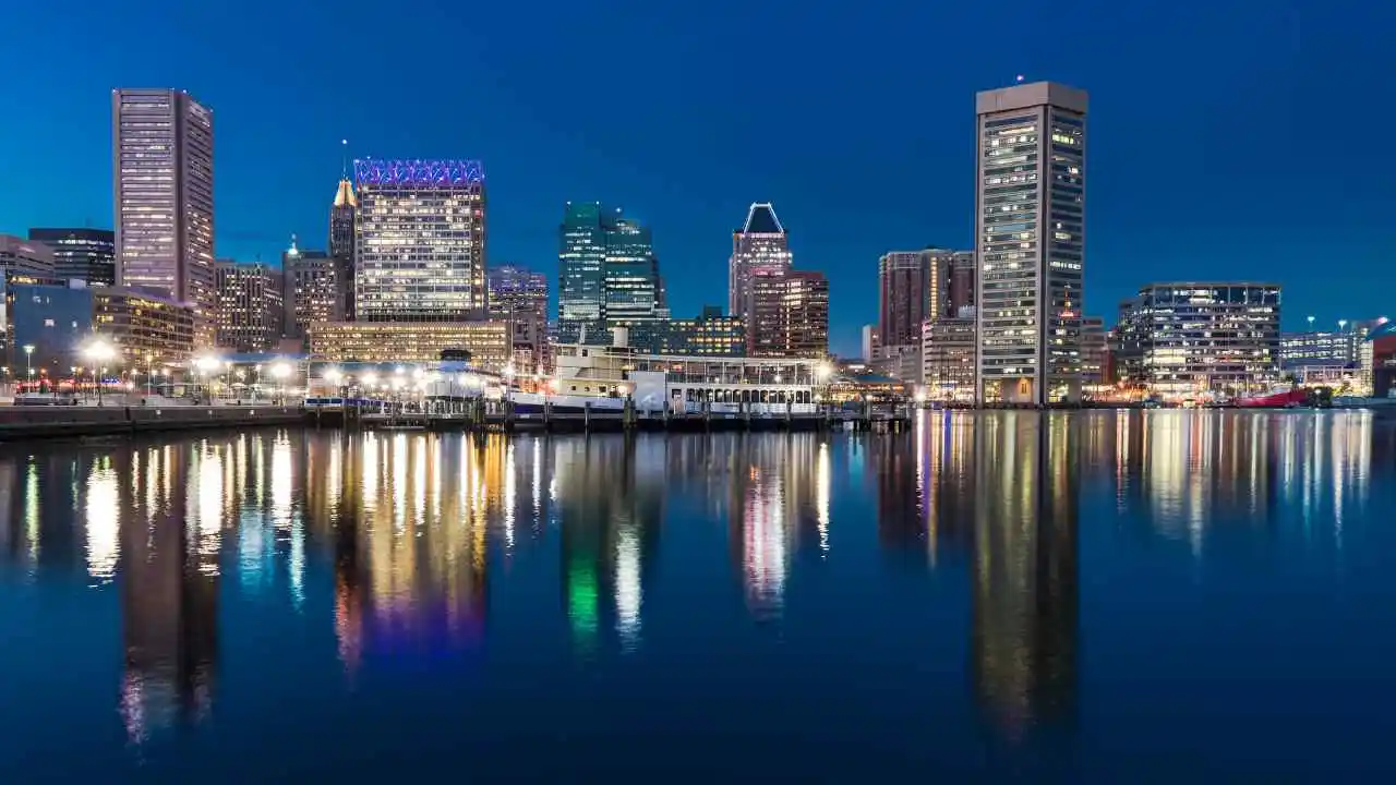 Baltimore, MD business district skyline at dusk