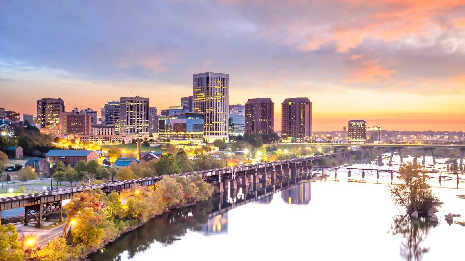 Skyline of Richmond VA on the water during sunset