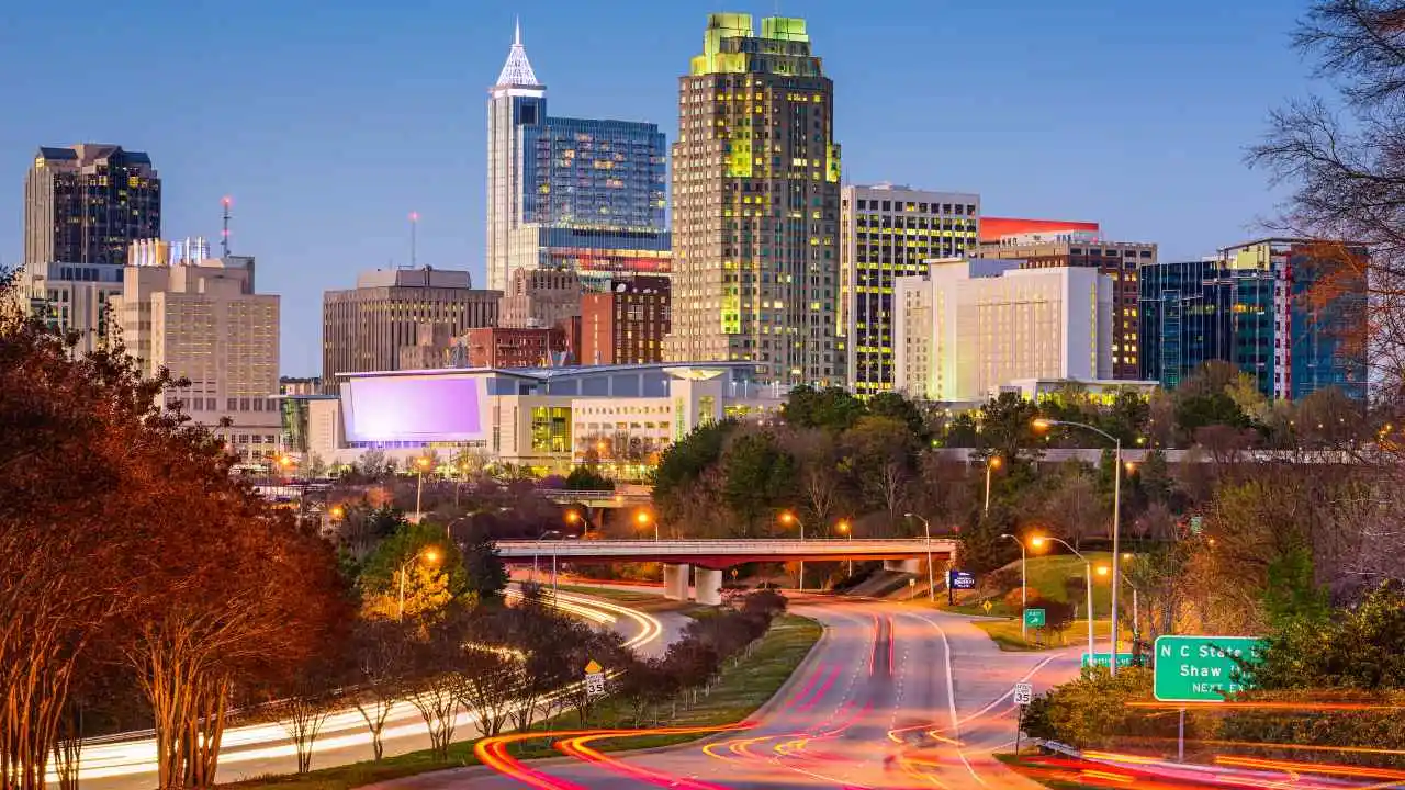 Raleigh, NC skyline over the main highway
