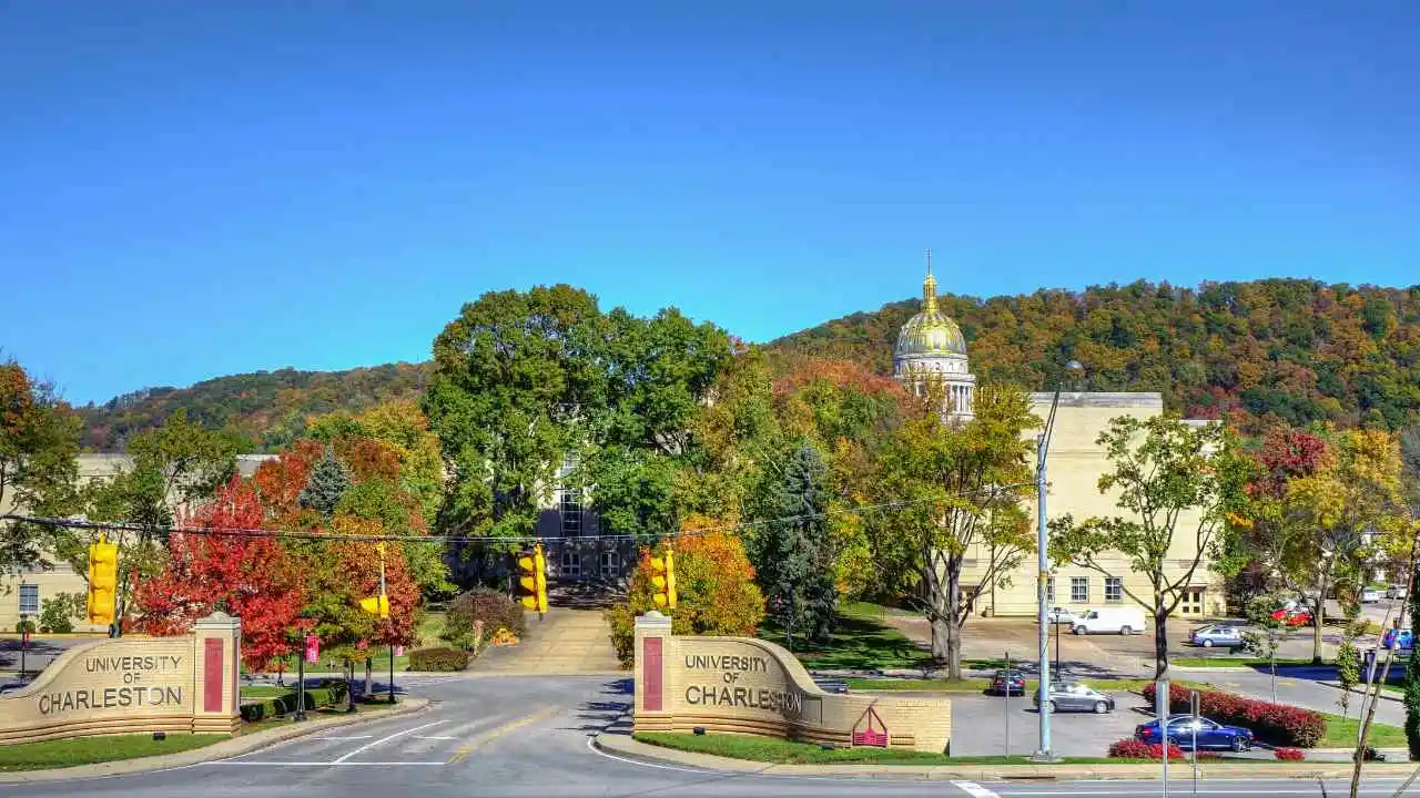 Charleston WV town from sky view on beautiful blue sky day