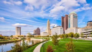 Columbus, OH skyline river shot on beautiful blue sky day.