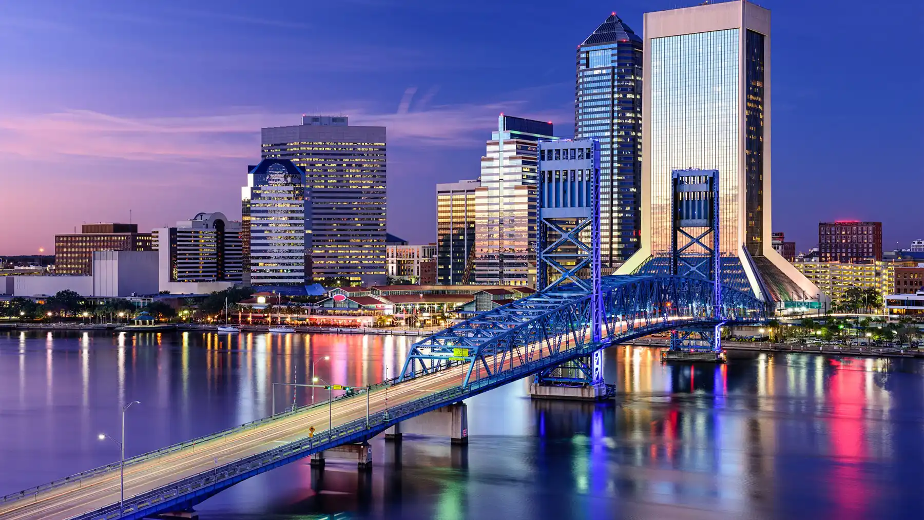 Jacksonville, FL on teh waterfront viewing skyline at dusk