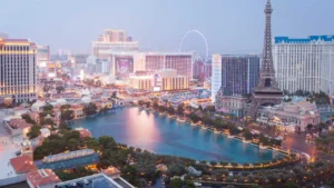 Las Vegas NV skyline view with overhead shot of the strip
