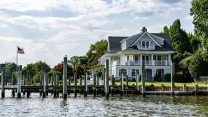 Maryland Inn on waterfront with blue sky and clouds in background