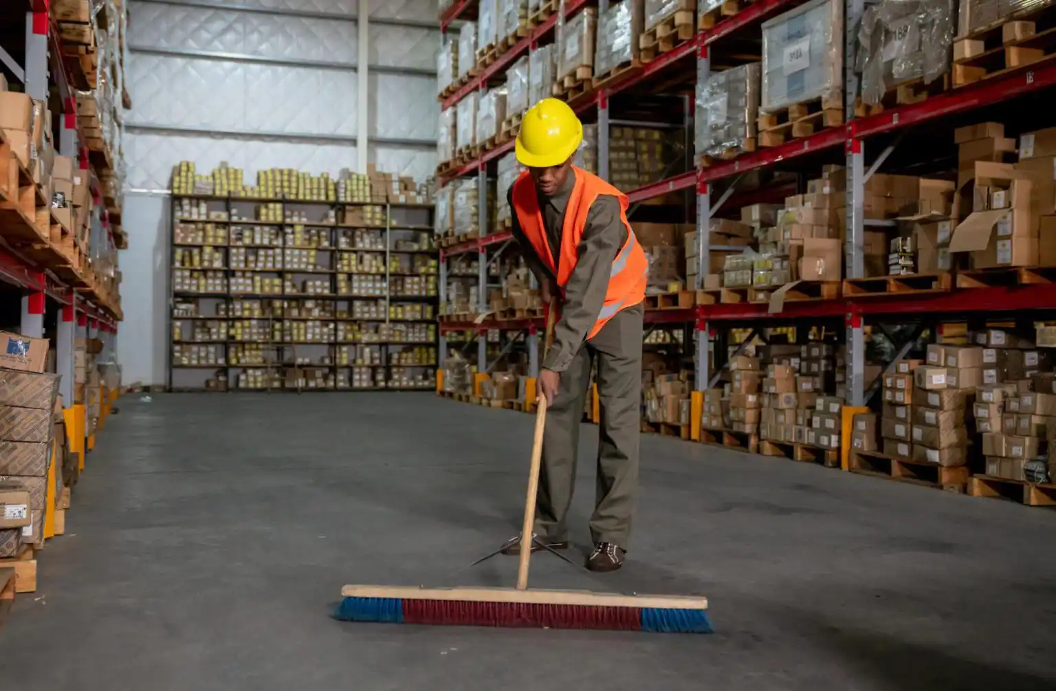 Male cleaner with hard hat in warehouse sweeping the floor with large broom.