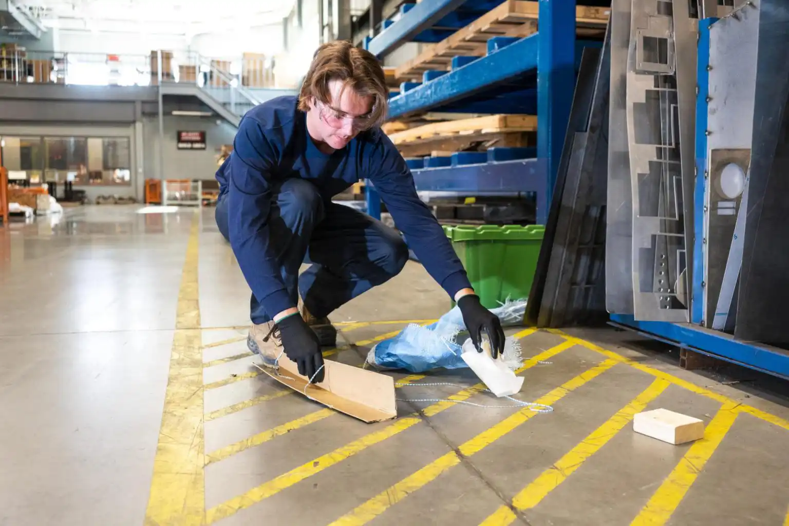 Male worker in blue cleaning suit cleaning floor with hand broom