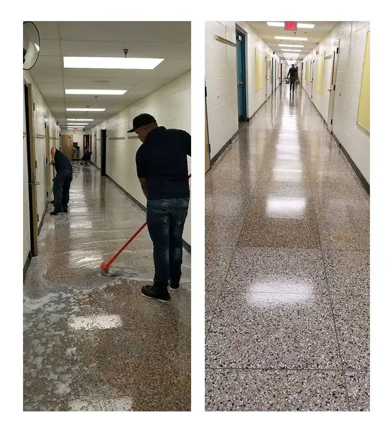 Two images side by side of man cleaning sparkling hallway floors