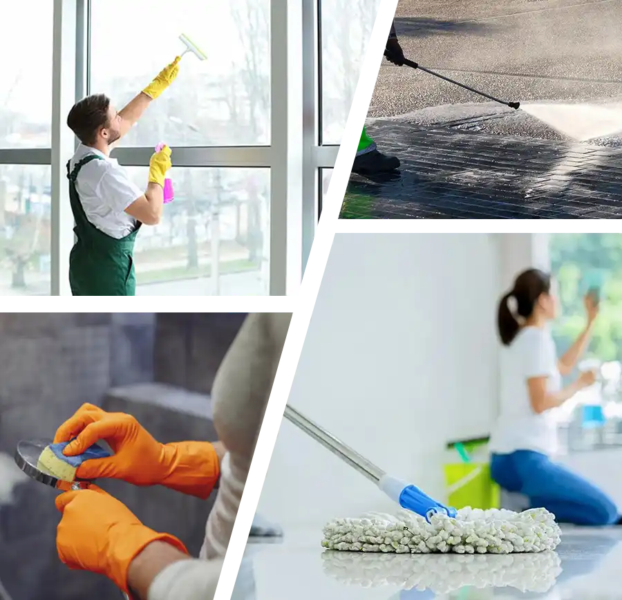4 images in collage of office cleaning with puzzle piece split view