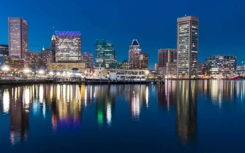 Baltimore, MD business district skyline at dusk