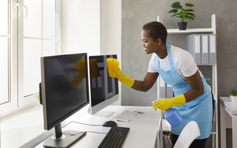 Cleaning Service cleaning office with woman wiping flat screen computer monitors
