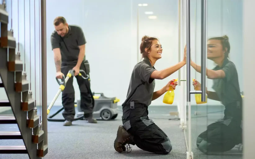 Commercial cleaning company employees vacuuming and washing windows.