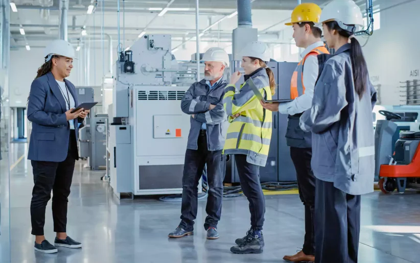 People working with hard hats in manufacturing facility